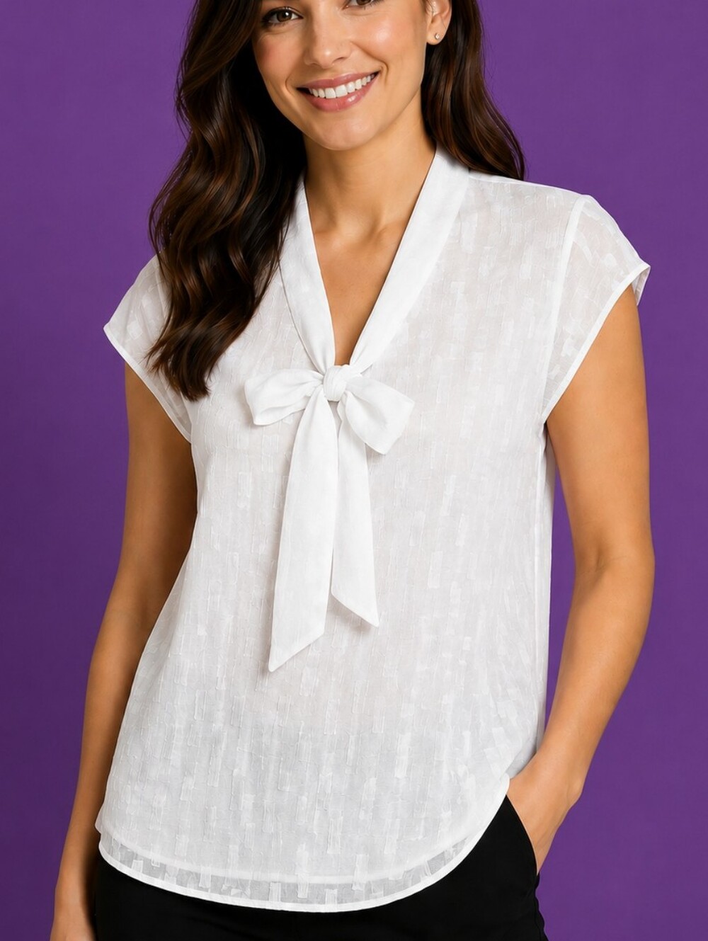 CALVIN KLEIN Winter White Bow Tie Short Sleeve Top